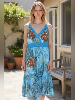 Sleeveless Blue Floral Midi Dress with Smocked Waist